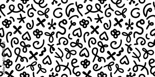Abstract black and white pattern with random doodles and handwritten elements