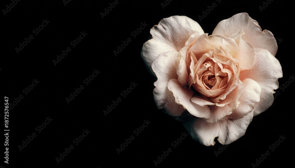Fototapeta premium Single pale peach rose blossom displayed against a deep black background