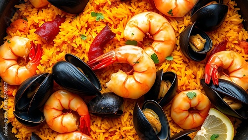 Spanish seafood paella with shrimp and mussels, vibrant overhead shot.
