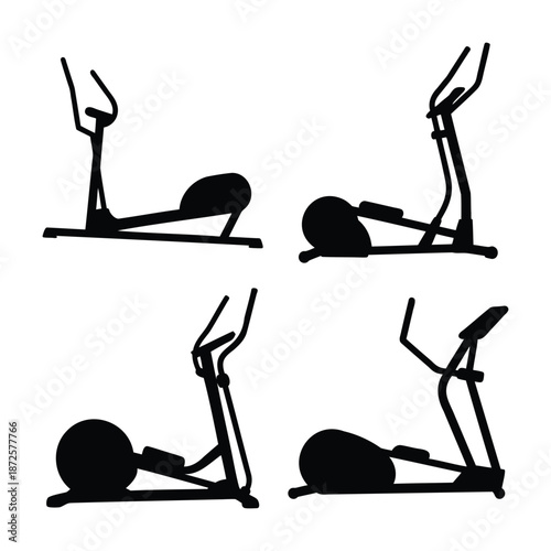 A collection of four distinct black silhouettes of elliptical trainer machines for fitness and exercise