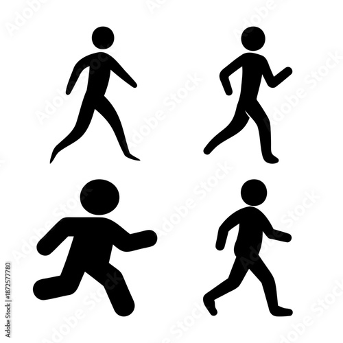 Collection of diverse stick figures illustrating various human movements like walking and running