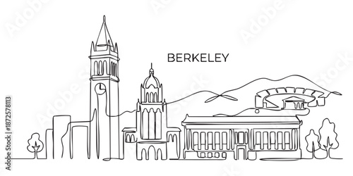 Berkeley, California City Skyline Continuous Line Art with Sather Tower and Campus