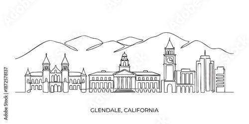 Glendale, California City Skyline Continuous Line Art with Mountains and City Hall