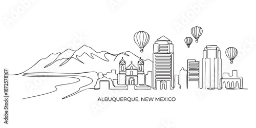 Albuquerque, New Mexico Skyline Continuous Line Art with Hot Air Balloons