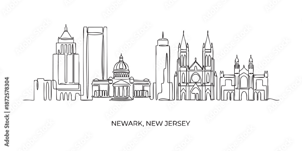 Obraz premium Newark, New Jersey City Skyline Continuous Line Art with Cathedral Basilica