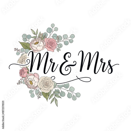 Elegant floral wedding logo with Mr & Mrs text