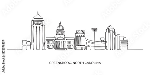 Greensboro, North Carolina City Skyline Continuous Line Art with Landmarks