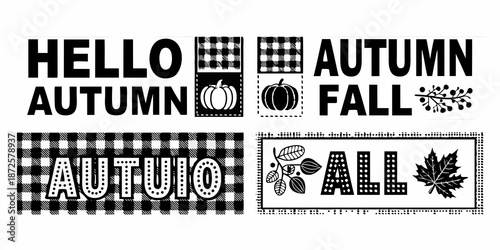 Hello autumn fall seasonal typography with pumpkins and plaid backgrounds