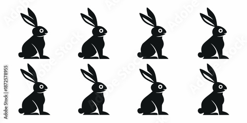 Eight black silhouettes of rabbits in a repeating pattern simple design
