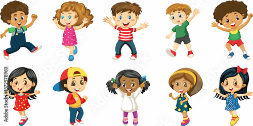 Diverse group of cheerful children illustrated in a colorful cartoon style