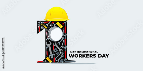 A number one creatively designed with tools and a worker s helmet