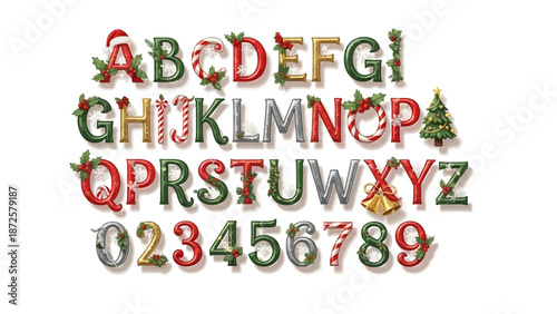 Christmas alphabet letters and numbers with candy cane ornaments, holly berries, festive trees, and bells, perfect for holiday designs and decorations