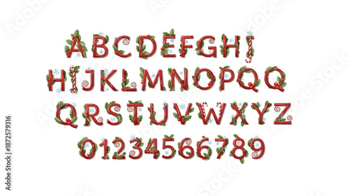 Festive Christmas Alphabet and Numbers adorned with Pine Needles, Berries, and Twinkling Lights, Perfect for Holiday Designs and Decorations