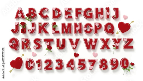 Romantic Valentine's Day Alphabet with Hearts and Roses, Festive Font Design for Love and Celebration