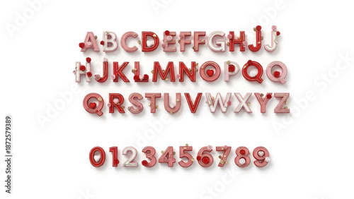 Valentine's Day alphabet and numbers with heart and gift decorations, 3D rendering