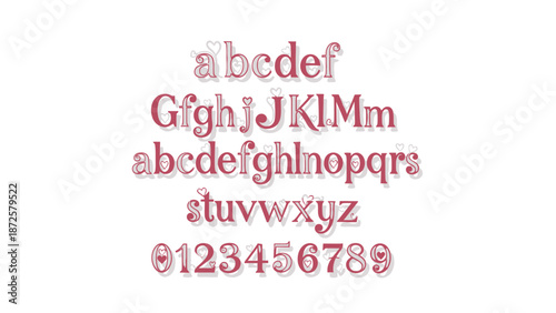 A charming and elegant set of decorative alphabet letters, numbers, and symbols including lowercase and uppercase letters, numbers, and heart embellishments for a whimsical design