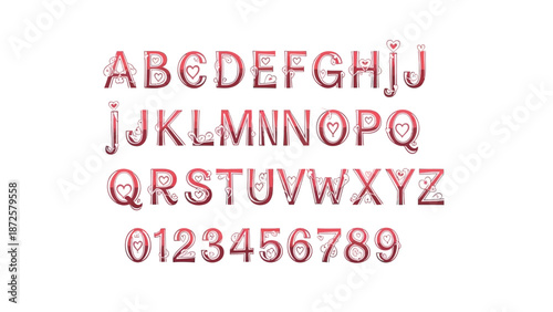 Elegant alphabet and numeric font with decorative hearts and swirls, perfect for invitations, cards, and special occasion designs