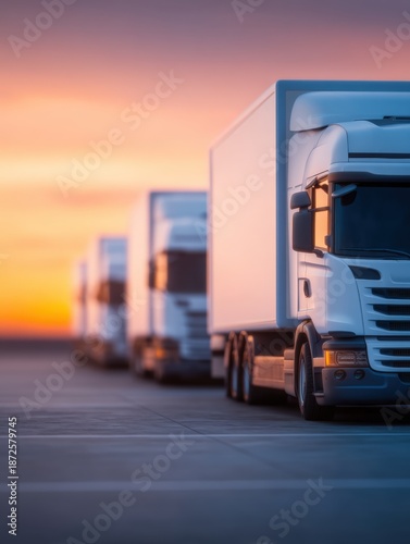 Cross border trade, A serene sunset scene featuring a line of trucks parked in a row, highlighting their silhouettes against a colorful sky.