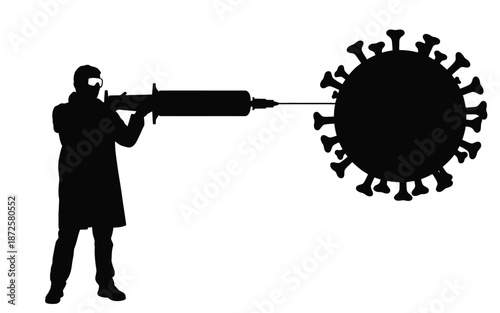 scientist fighting virus vector illustration with oversized syringe representing medical breakthrough, healthcare innovation, disease prevention, vaccination research, and scientific progress concept.