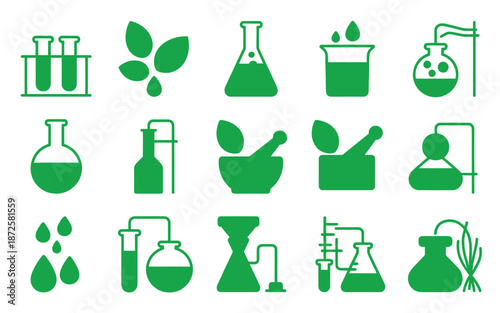 herbal and scientific chemistry icons collection vector illustration including lab equipment, molecules, herbal remedies, research tools, and educational or scientific applications.