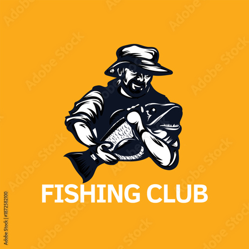 Colorful fishing club logo with a strong fisherman mascot illustration