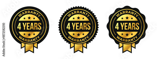 4 years warranty logo set with golden ribbon and stars in circle vector illustration. For icon, sign, symbol, badge, stamp, seal, label, shield, stickers, certificate, seal, lifetime, illustration