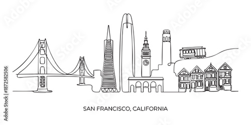 San Francisco, California City Skyline Continuous Line Art with Golden Gate Bridge