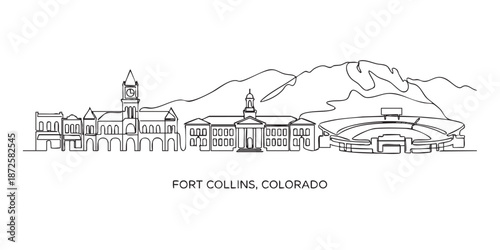 Fort Collins, Colorado City Skyline Continuous Line Art with Stadium and Mountains
