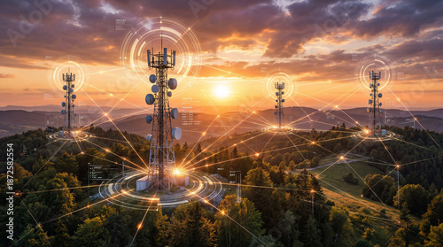 Telecommunication towers transmitting signals over landscape at sunrise, representing mobile connectivity, wireless communication, network coverage and digital infrastructure.