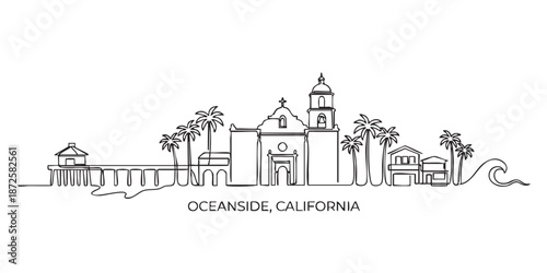 Oceanside, California City Skyline Continuous Line Art with Pier and Mission