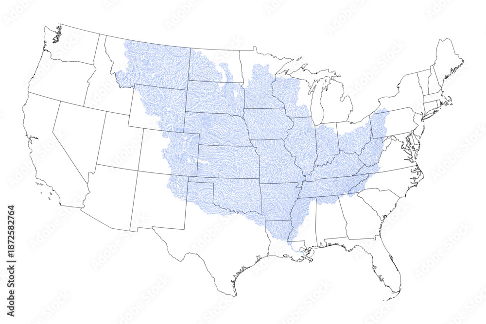 Obraz premium Mississippi River Map With US State Boundaries Vector Illustration Showing Course From Minnesota To Louisiana Educational Geography Chart Political Map Of United States Midwest And South