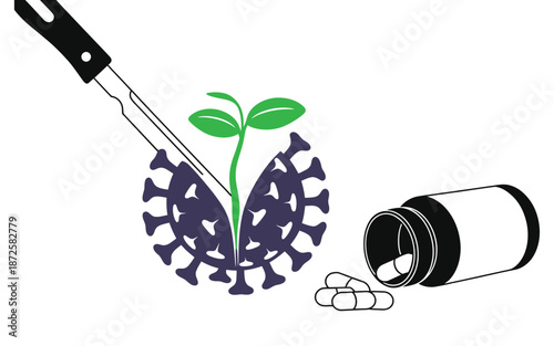 medical breakthrough vector illustration showing virus being defeated with treatment, symbolizing healthcare innovation, disease control, recovery, and new growth in medicine