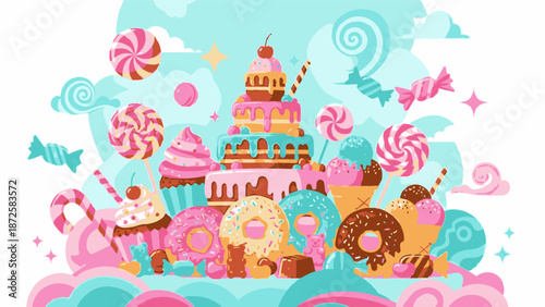 Vibrant Candy Castle Scene with Cupcakes and Sweets Illustration