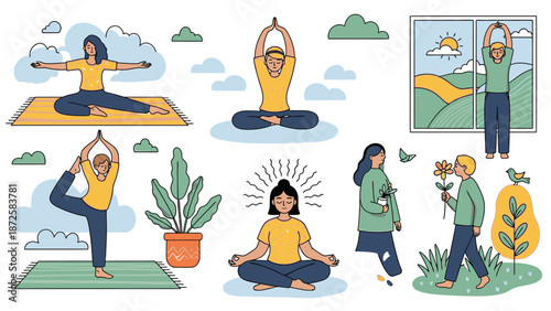 People practicing yoga and meditation outdoors in a serene natural environment with plants and clouds