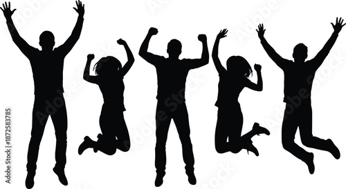 Group of joyful people jumping in celebration, black silhouette teamwork success happiness energy unity victory freedom party excitement isolated background