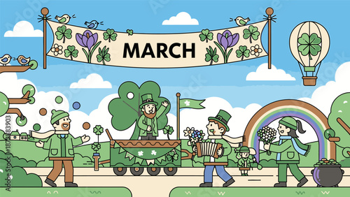 Celebratory parade scene with leprechauns, shamrocks, and rainbow in a festive St. Patrick's Day atmosphere