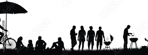 Outdoor picnic and barbecue party silhouette with friends relaxing cooking grilling and cycling showing summer leisure lifestyle and social gathering scene