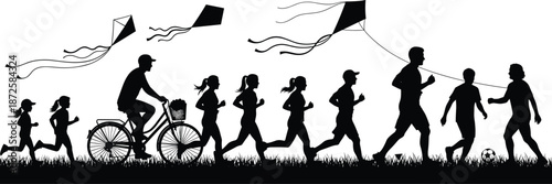 People silhouettes running and cycling with kites outdoor activity scene showing freedom fun family lifestyle sport and recreation concept vector