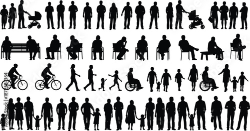 People silhouettes collection showing families parents children seniors cyclists wheelchair users daily activities urban lifestyle vector illustration set for design