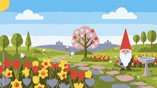 A serene garden scene with a gnome standing beside a birdbath surrounded by vibrant flowers and trees under a sunny sky