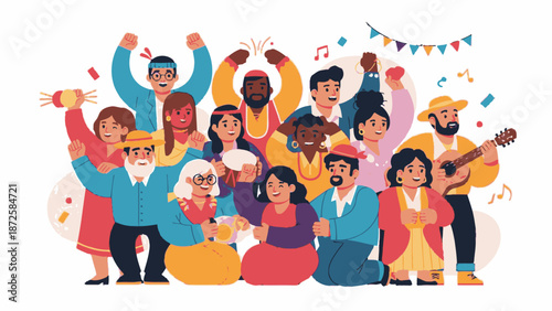 Diverse group of people celebrating together with musical instruments in a vibrant festive atmosphere