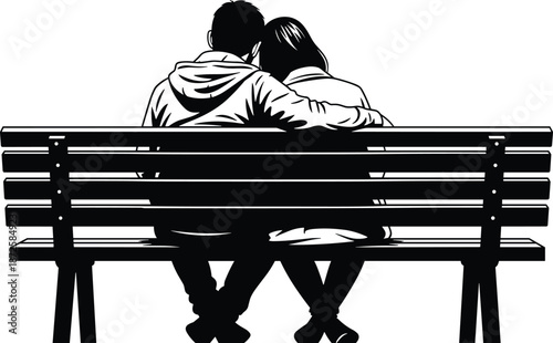Romantic couple sitting on park bench embracing together in love silhouette illustration symbolizing intimacy connection companionship and emotional bonding moments