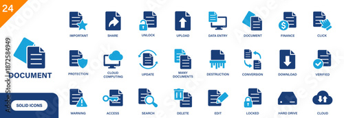 Document icon. Includes file, data entry, information, document destruction, records. Solid vector icon set.