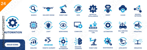 Automation icon. Including robot arm, delivery drone, production line, AI, machine learning. Solid vector icon set.