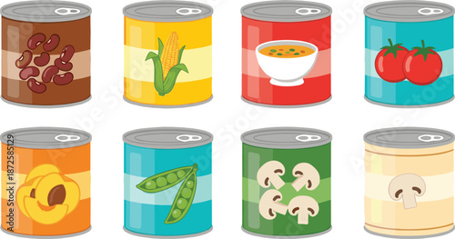Set of Canned Food Icons with Vegetables Soup and Fruit Cans Collection Isolated on White Background for Kitchen Grocery Store Design