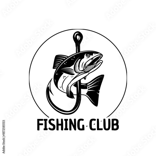 Minimalist round fishing club logo with a line art fish illustration.