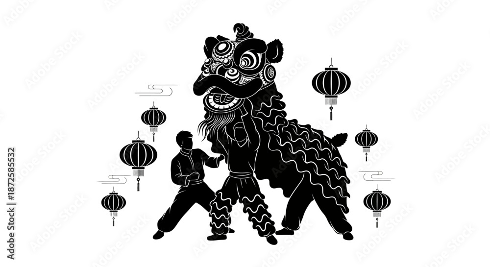 Fototapeta premium Vibrant cultural performance capturing the spirit of traditional Asian festivities with lion dance and festive lanterns, celebrating heritage and good fortune