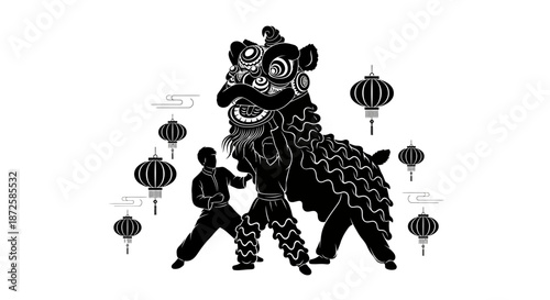 Vibrant cultural performance capturing the spirit of traditional Asian festivities with lion dance and festive lanterns, celebrating heritage and good fortune