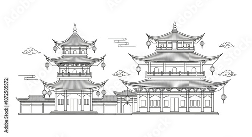 Detailed architectural line art illustration capturing the intricate design of traditional East Asian temples and pagodas, embodying historical craftsmanship and cultural aesthetics