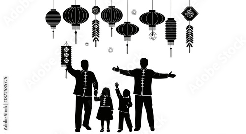 Joyful family silhouette celebrating a traditional Asian festival with various decorative lanterns, symbolizing cultural heritage and togetherness during festive occasions